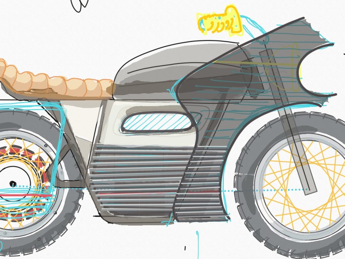 study of CB360 electric conversion utilizing factory tank to weather protect electronics and a honda accord hybrid motor to direct drive the rear wheel. Bags and fairings integrating expanded battery were removable to increase range comfort and storage for longer trips 